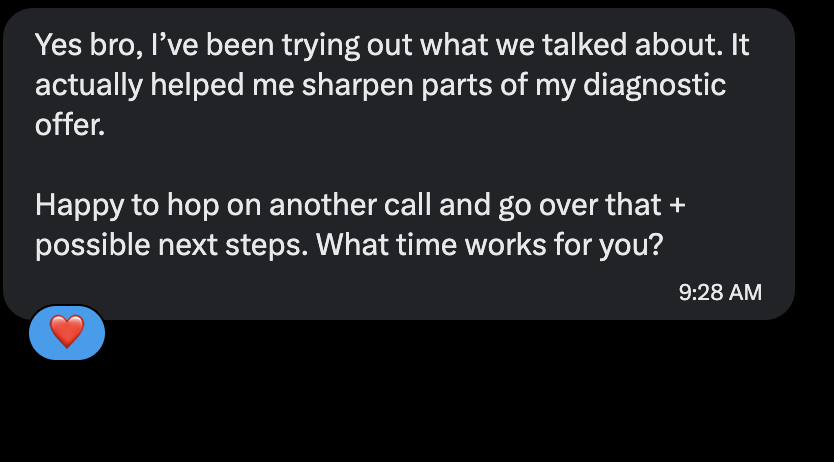 Client testimonial about sharpening diagnostic offer