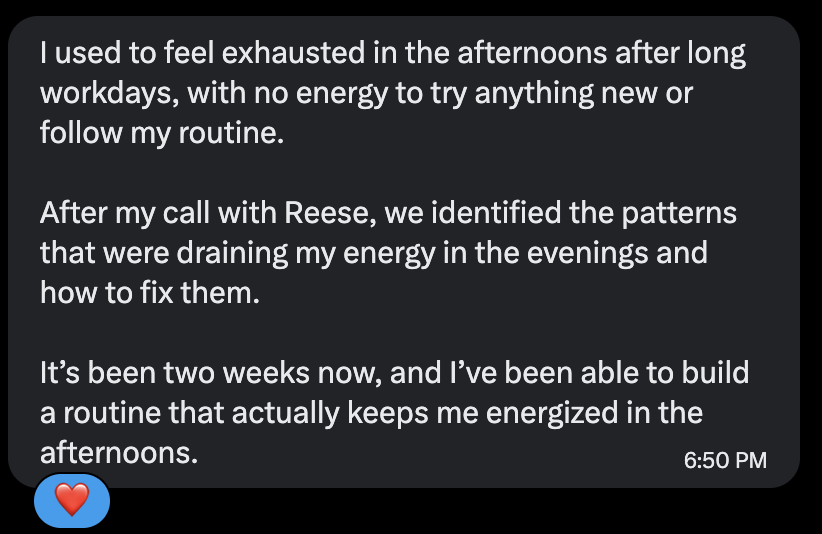 Client testimonial about improved afternoon energy